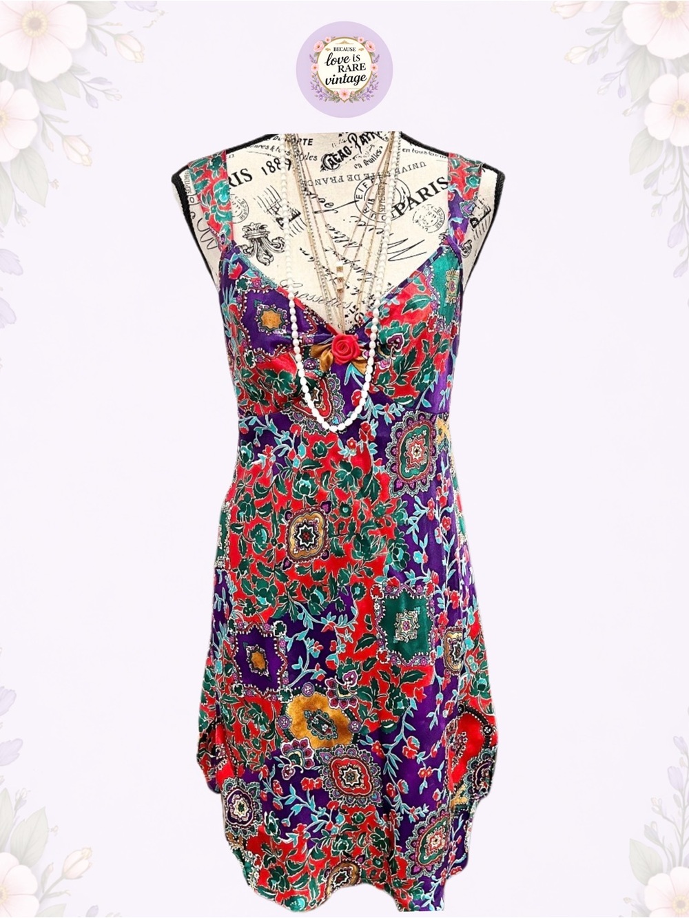 Vintage Paisley Print Satin Slip Dress • 1980s Nightgown • USA • Size M
